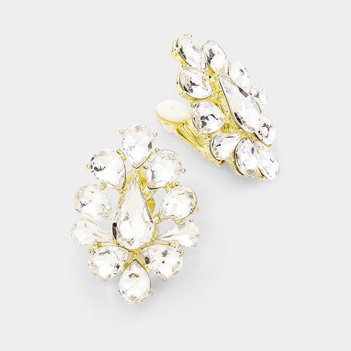 Gold Teardrop Crystal Cluster Clip On Earrings - Jewelry Store by Erik Rayo