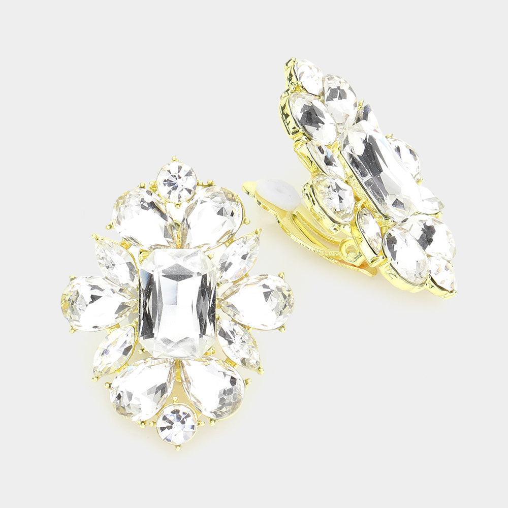 Gold Multi Stone Flower Clip On Evening Earrings - Jewelry Store by Erik Rayo