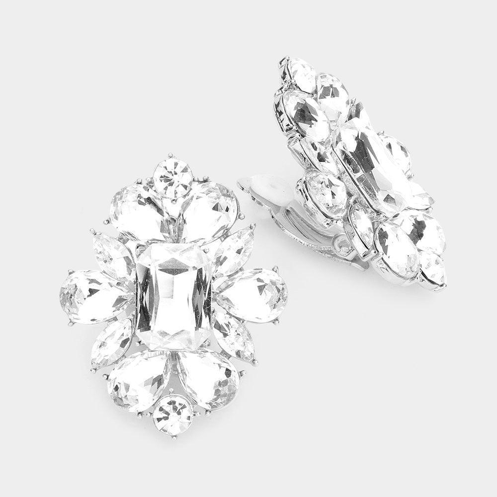Silver Multi Stone Flower Clip On Evening Earrings - Jewelry Store by Erik Rayo