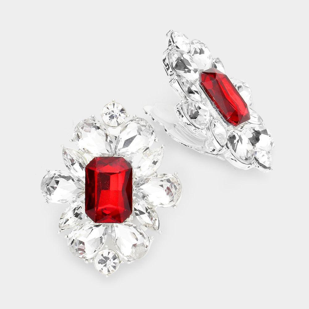 Red Multi Stone Flower Clip On Evening Earrings - Jewelry Store by Erik Rayo