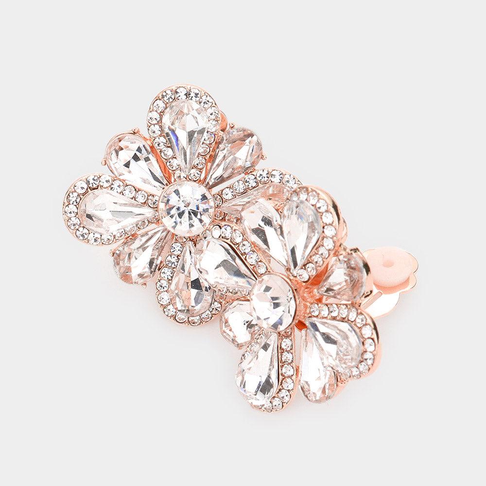 Rose Gold Clover Glass Stone Cluster Clip On Earrings