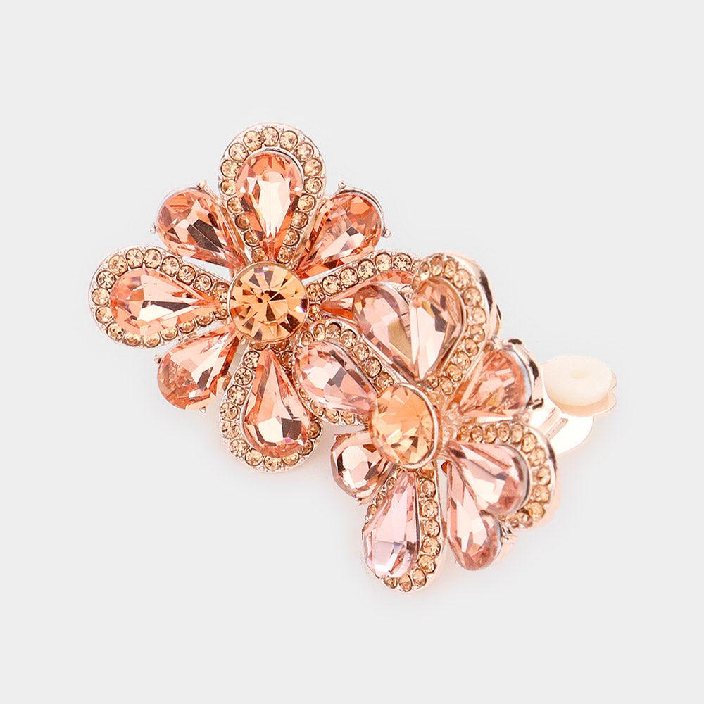 Rose Gold Clover Glass Stone Cluster Clip On Earrings