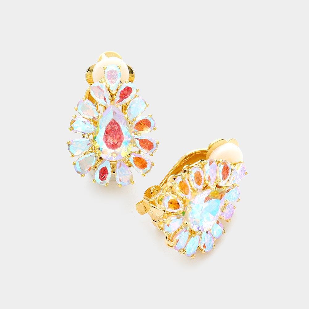 Gold Teardrop Stone Cluster Clip on Evening Earrings - Jewelry Store by Erik Rayo