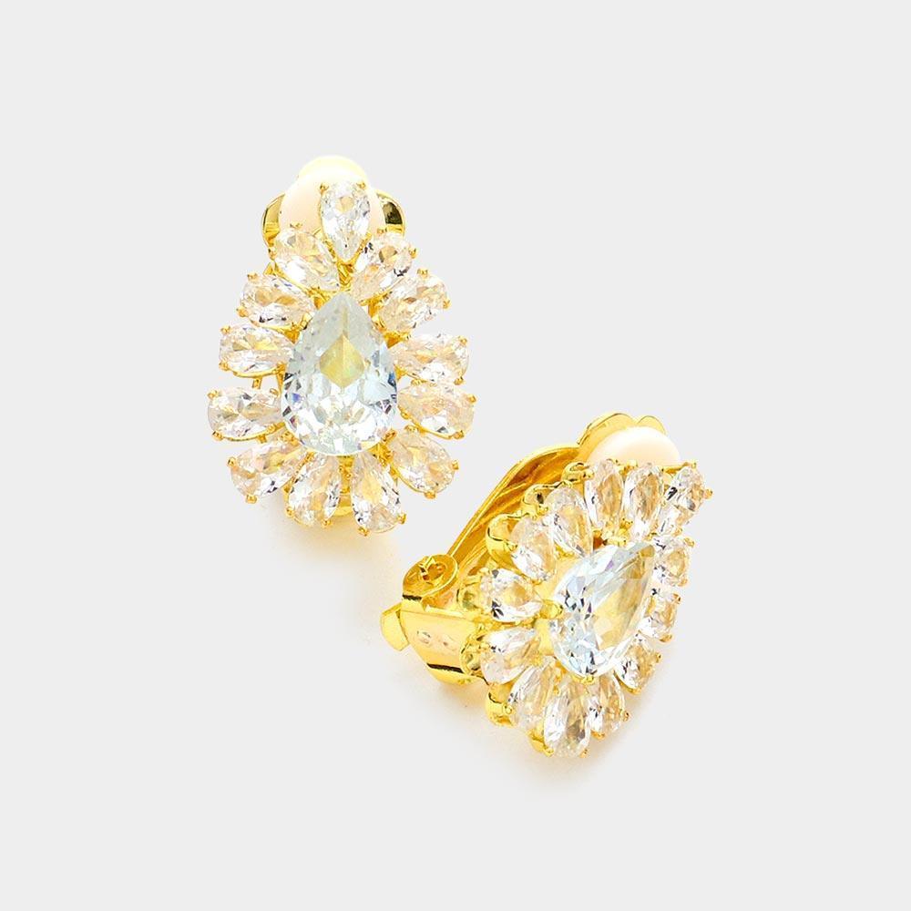 Gold Teardrop Stone Cluster Clip on Evening Earrings - Jewelry Store by Erik Rayo