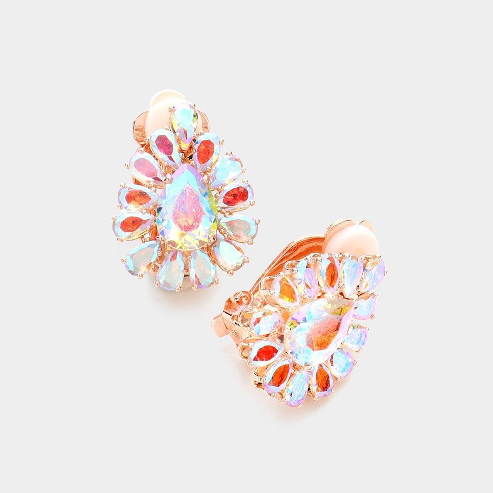 Rose Gold Teardrop Stone Cluster Clip on Evening Earrings - Jewelry Store by Erik Rayo