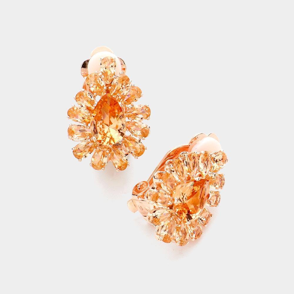 Peach Teardrop Stone Cluster Clip on Evening Earrings - Jewelry Store by Erik Rayo