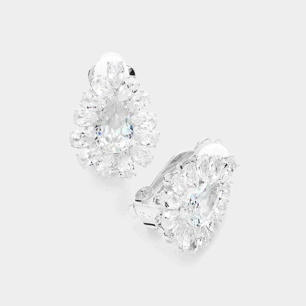 Silver Teardrop Stone Cluster Clip on Evening Earrings - Jewelry Store by Erik Rayo