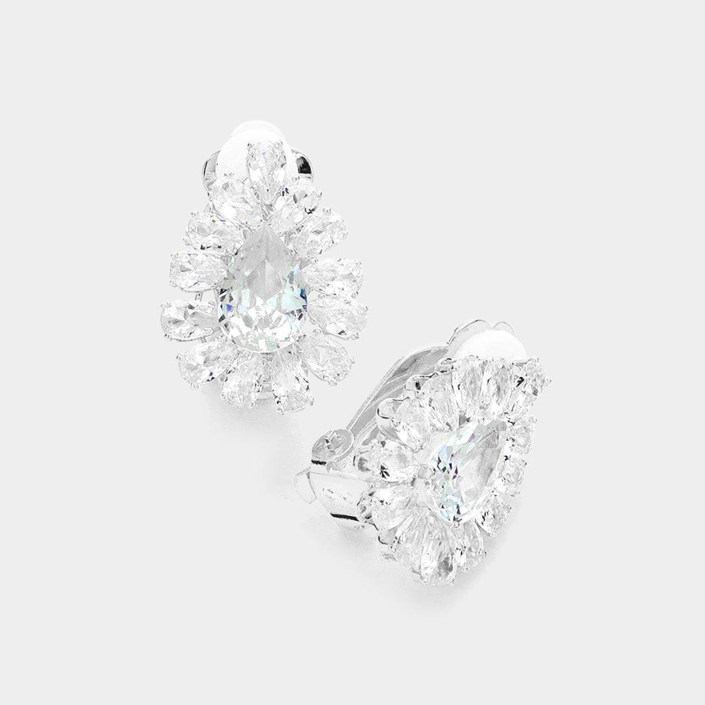 Silver Teardrop Stone Cluster Clip on Evening Earrings