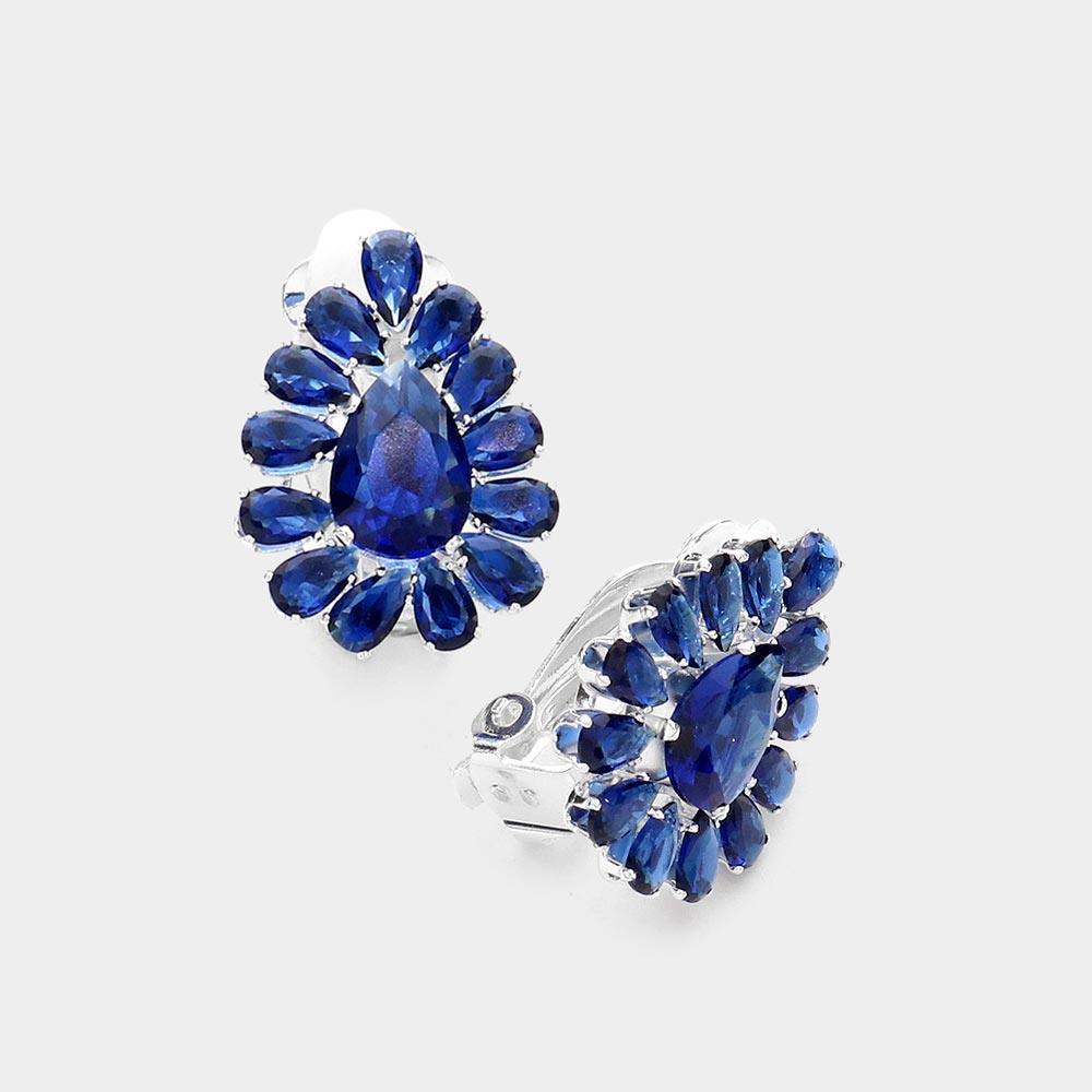 Blue Teardrop Stone Cluster Clip on Evening Earrings - Jewelry Store by Erik Rayo