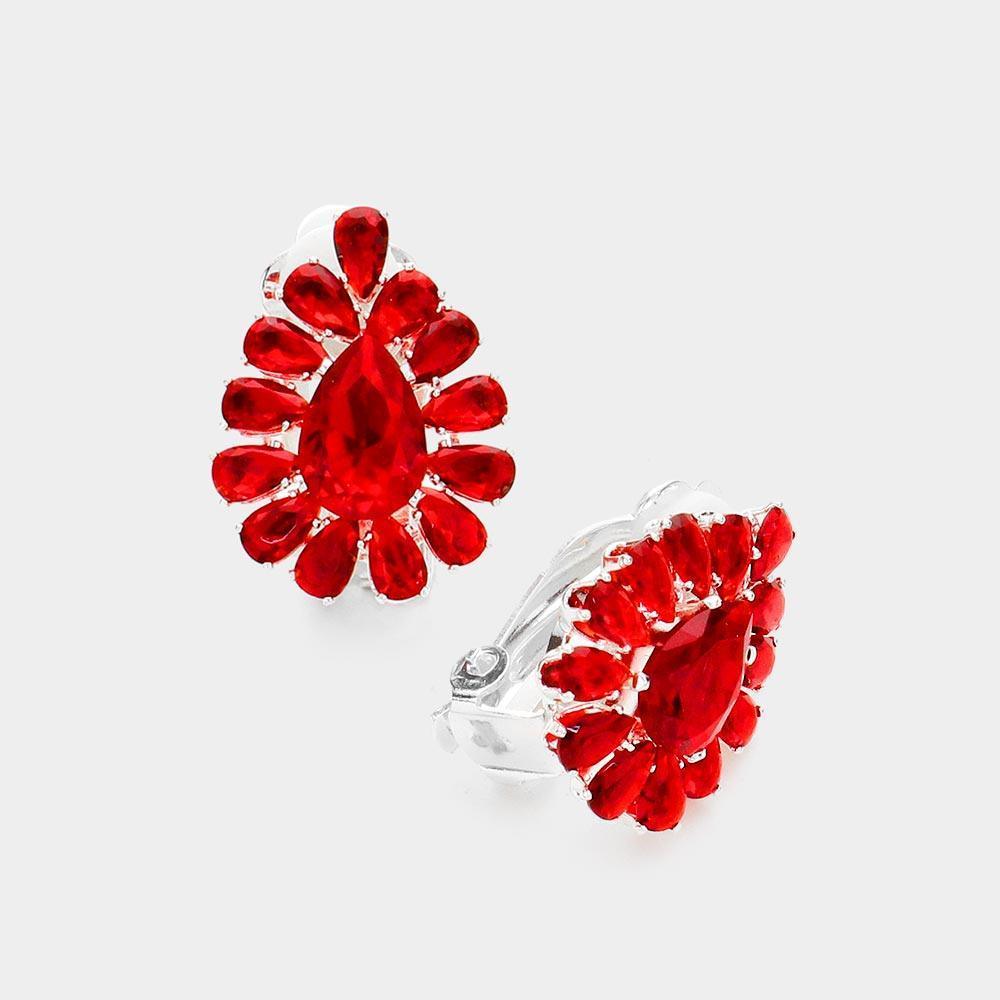 Red Teardrop Stone Cluster Clip on Evening Earrings - Jewelry Store by Erik Rayo