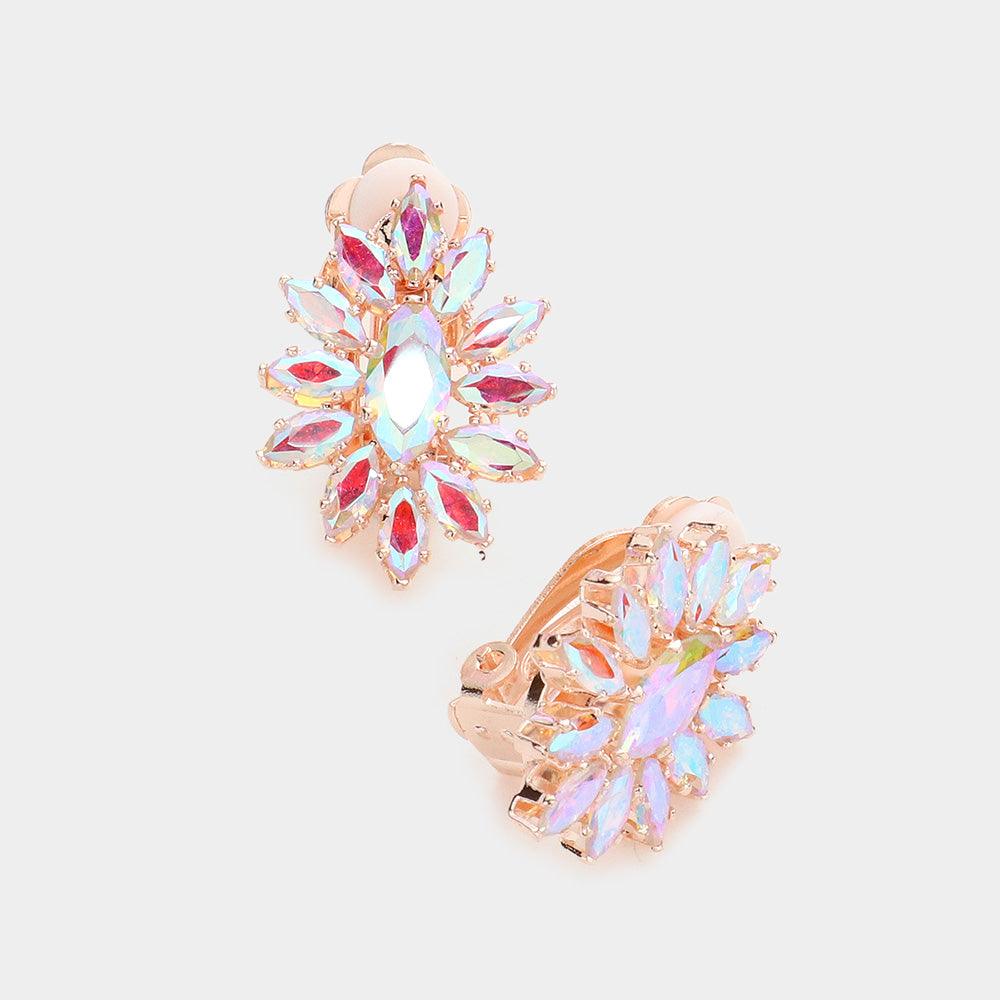 Rose Gold Marquise Stone Cluster Clip On Evening Earrings