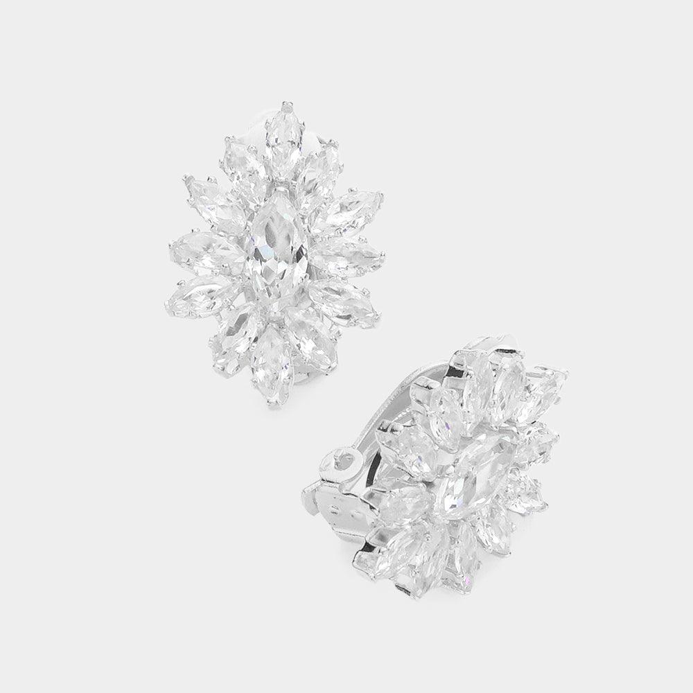 Silver Marquise Stone Cluster Clip On Evening Earrings