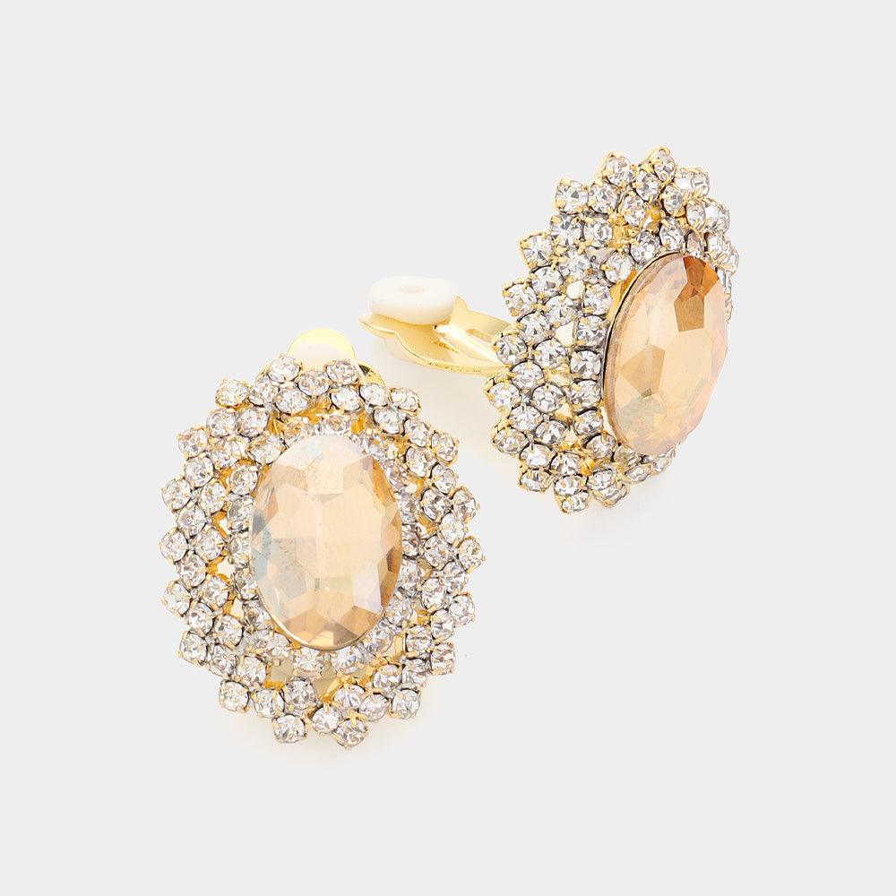 Gold Oval Stone Pointed Evening Clip On Earrings