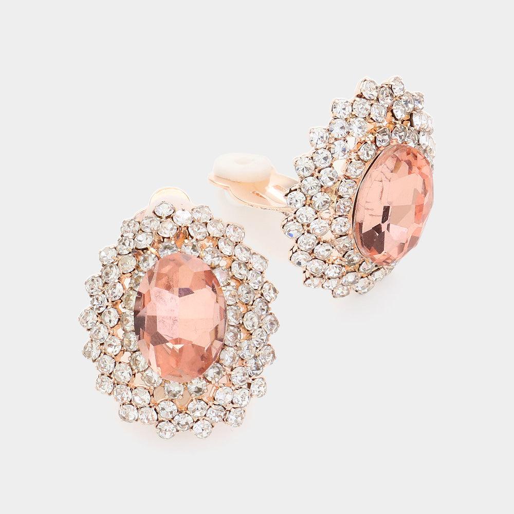 Gold Oval Stone Pointed Evening Clip On Earrings