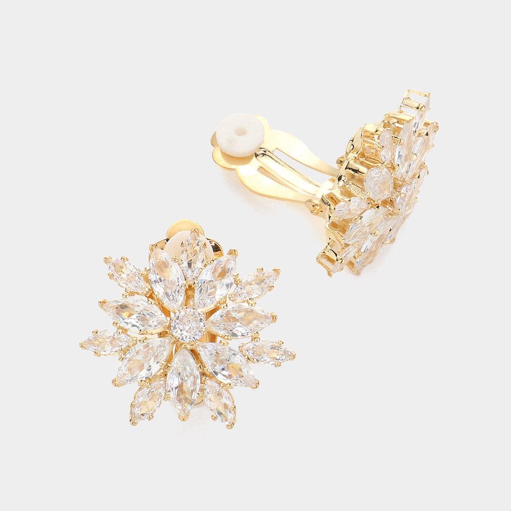Gold Flower CZ Stone Cluster Clip On Earrings