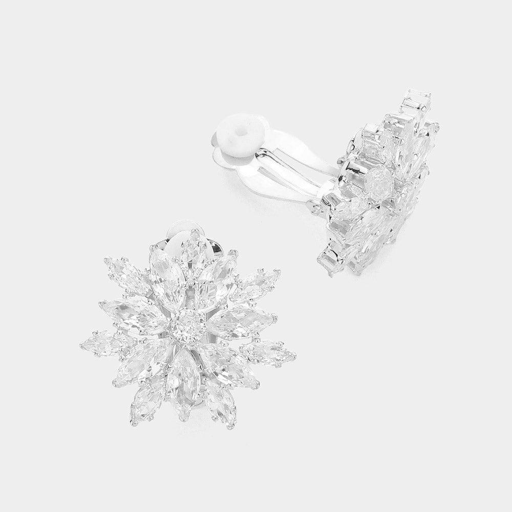 Silver Flower CZ Stone Cluster Clip On Earrings