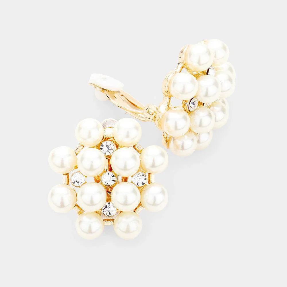 Gold Pearl Clustered Crystal Pearl Clip On Earrings - Jewelry Store by Erik Rayo
