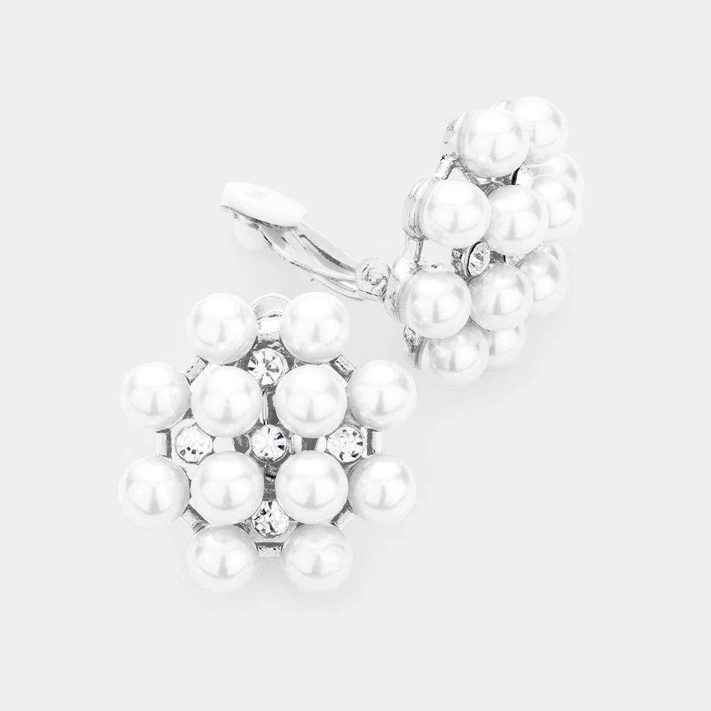 White Pearl Clustered Crystal Pearl Clip On Earrings - Jewelry Store by Erik Rayo