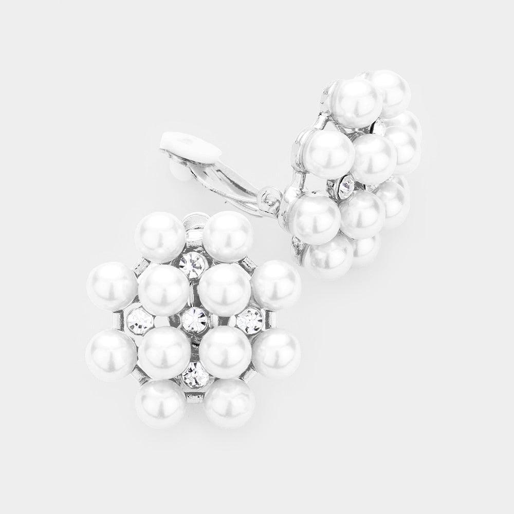 White Pearl Clustered Crystal Pearl Clip On Earrings