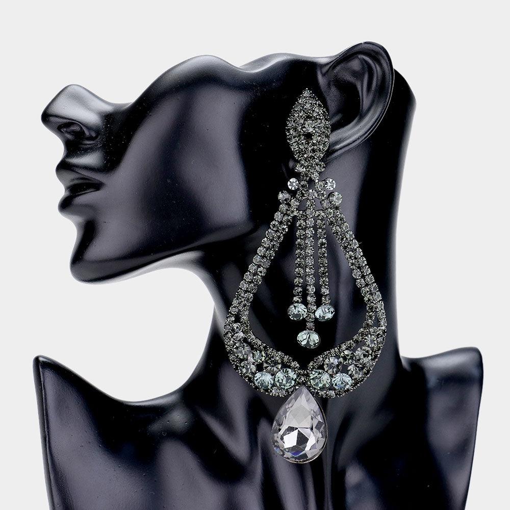 Black Oversized Pave Glass Teardrop Chandelier Evening Earrings