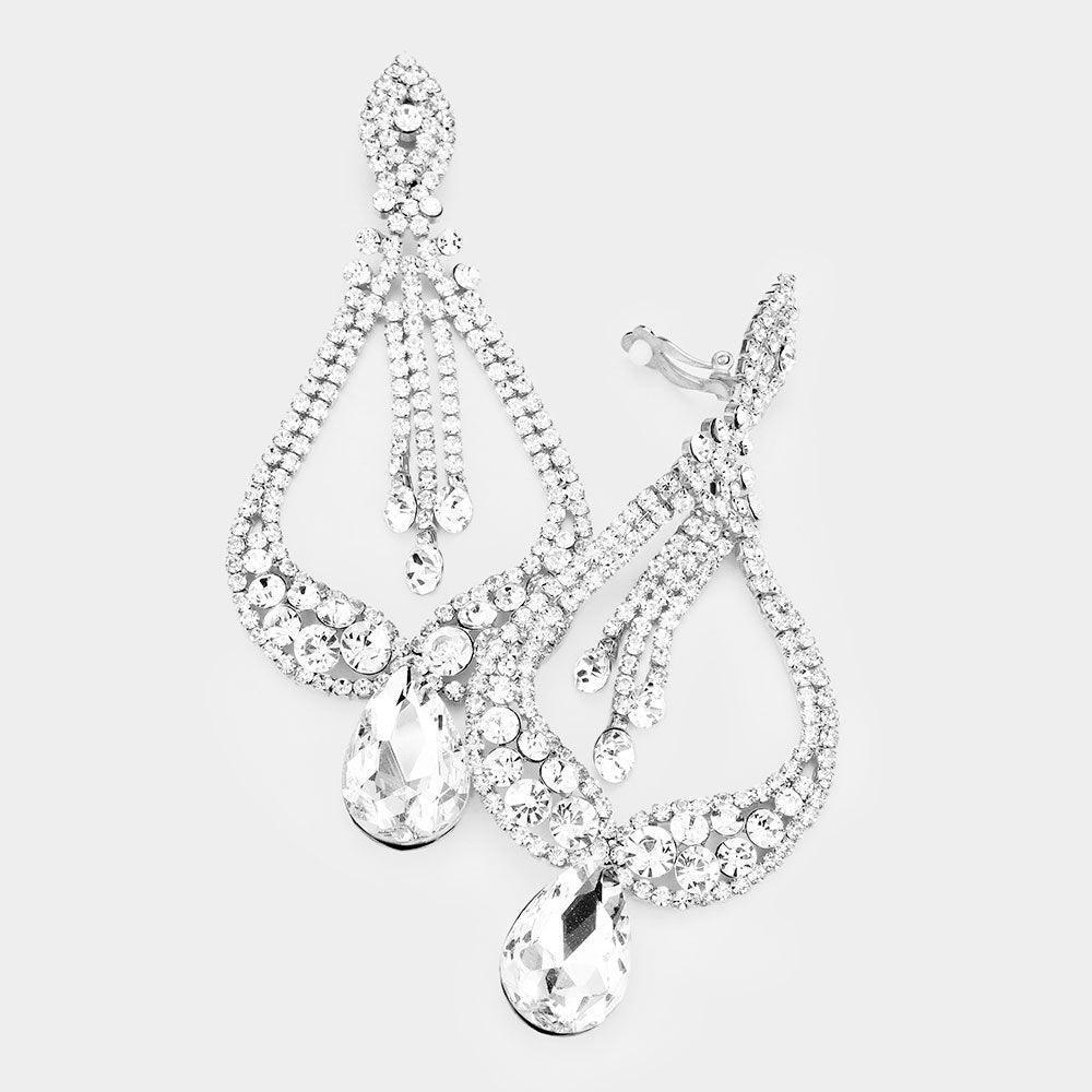 Silver Oversized Pave Glass Teardrop Chandelier Evening Earrings - Jewelry Store by Erik Rayo