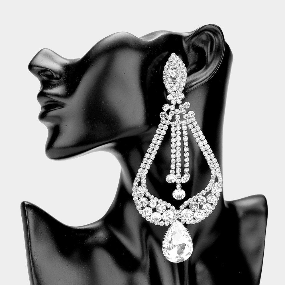 Silver Oversized Pave Glass Teardrop Chandelier Evening Earrings