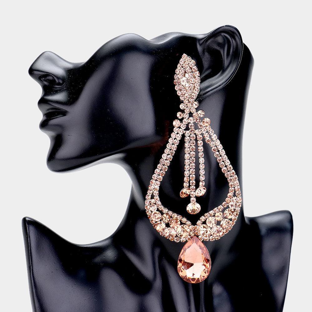 Peach Oversized Pave Glass Teardrop Chandelier Evening Earrings - Jewelry Store by Erik Rayo