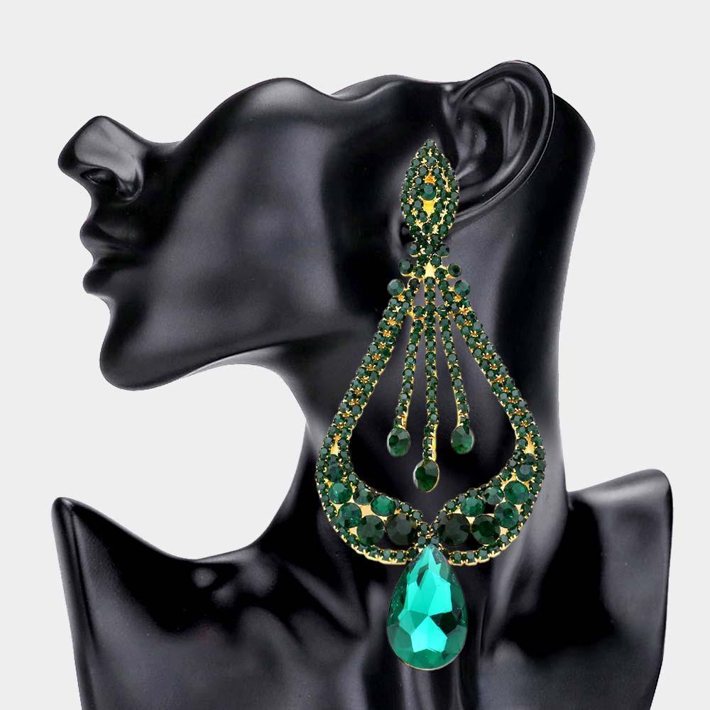 Emerald Oversized Pave Glass Teardrop Chandelier Evening Earrings - Jewelry Store by Erik Rayo
