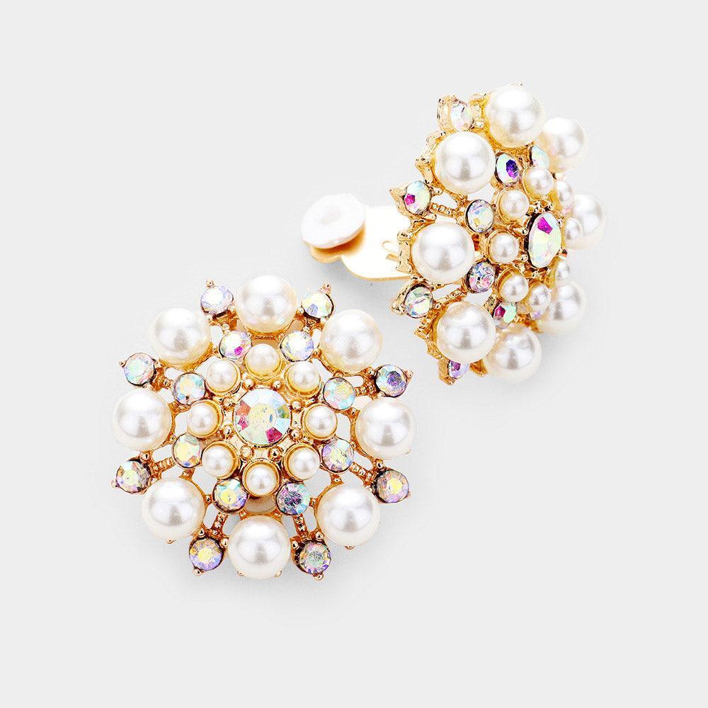 Gold Crystal Clustered Pearl Clip On Earrings - Jewelry Store by Erik Rayo