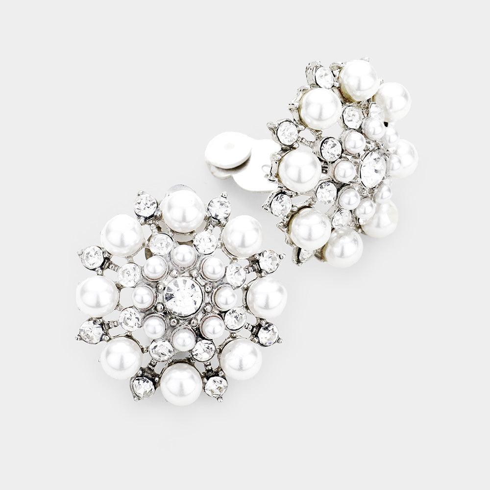 White Crystal Clustered Pearl Clip On Earrings