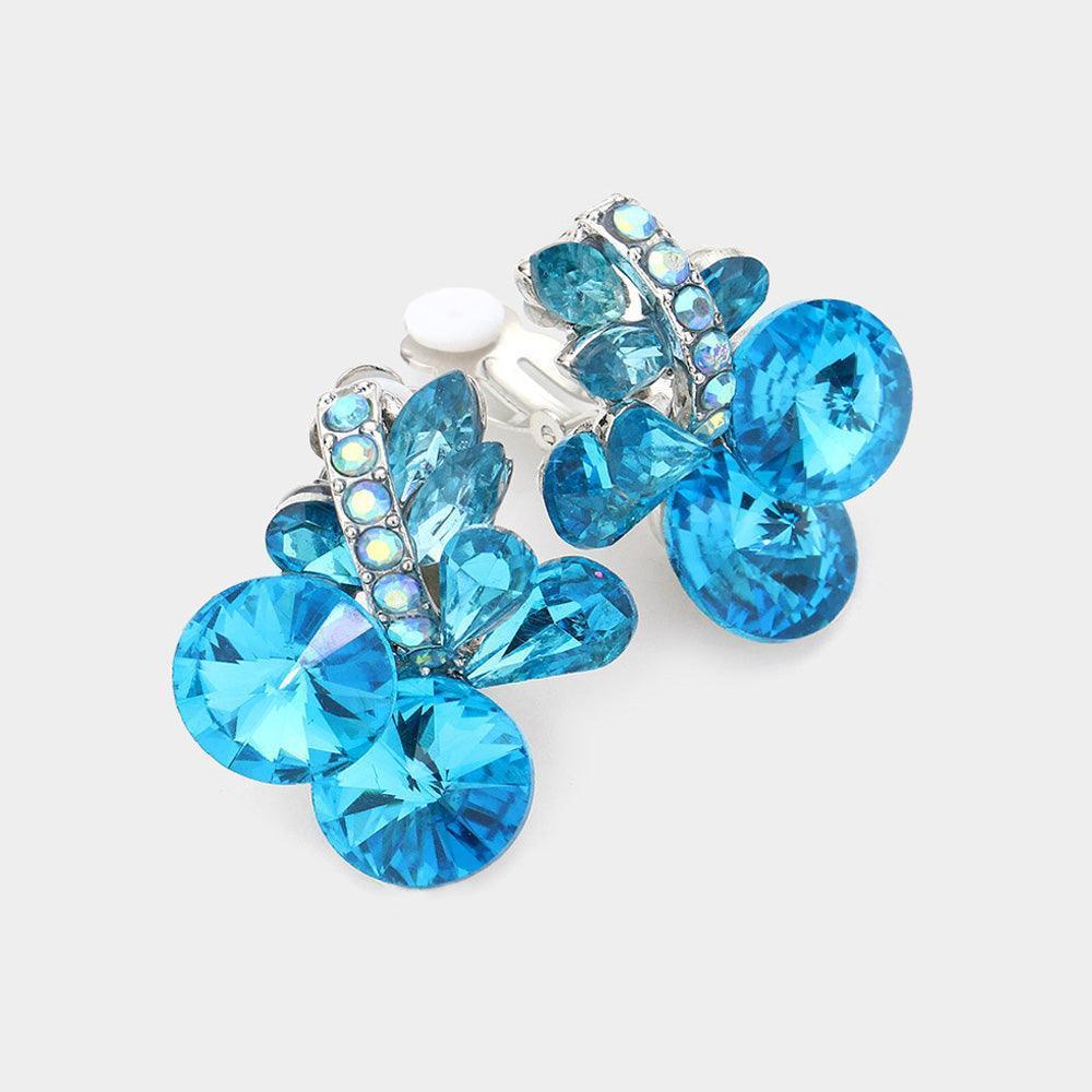 Aqua Multi Stone Cluster Clip On Evening Earrings - Jewelry Store by Erik Rayo