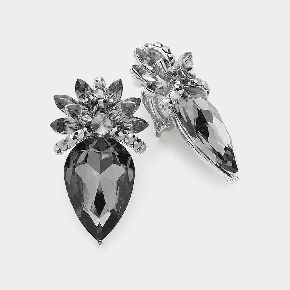 Black Floral Teardrop Crystal Clip On Earrings - Jewelry Store by Erik Rayo