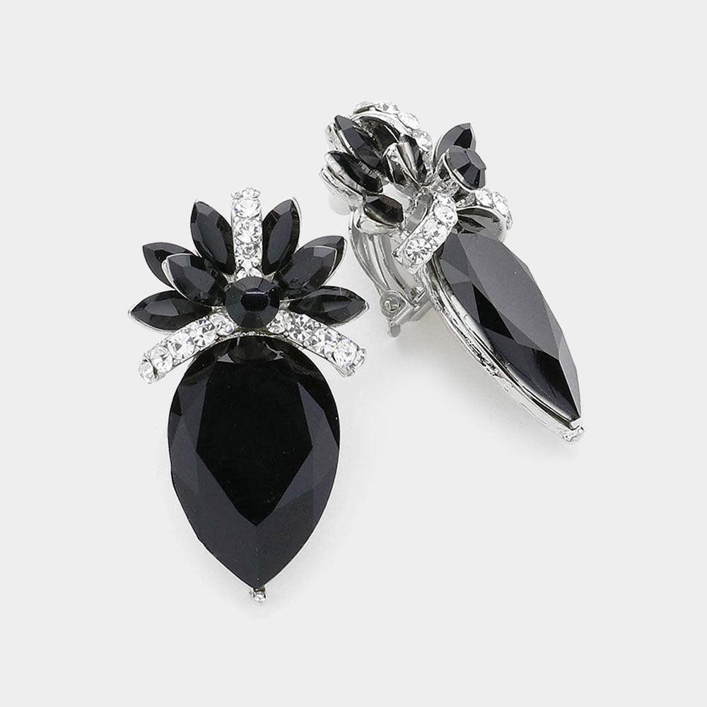 Black Floral Teardrop Crystal Clip On Earrings - Jewelry Store by Erik Rayo