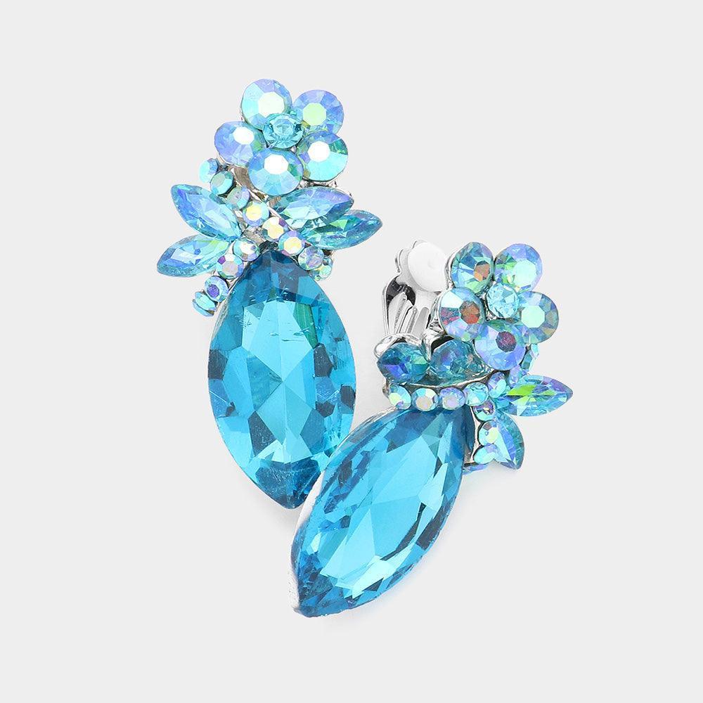Aqua Marquise Stone Accented Clip on Evening Earrings - Jewelry Store by Erik Rayo
