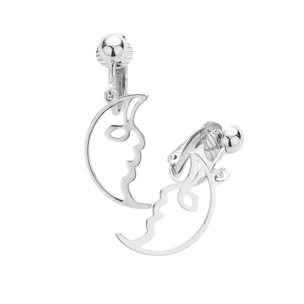 Silver Crescent Moon Metal Clip On Earrings