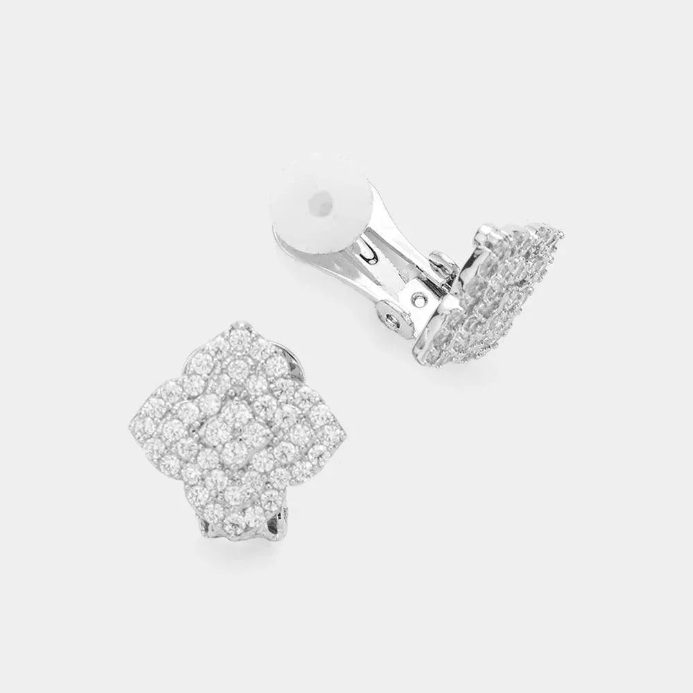 CZ Stone Paved Quatrefoil Stud Clip On Earrings - Jewelry Store by Erik Rayo