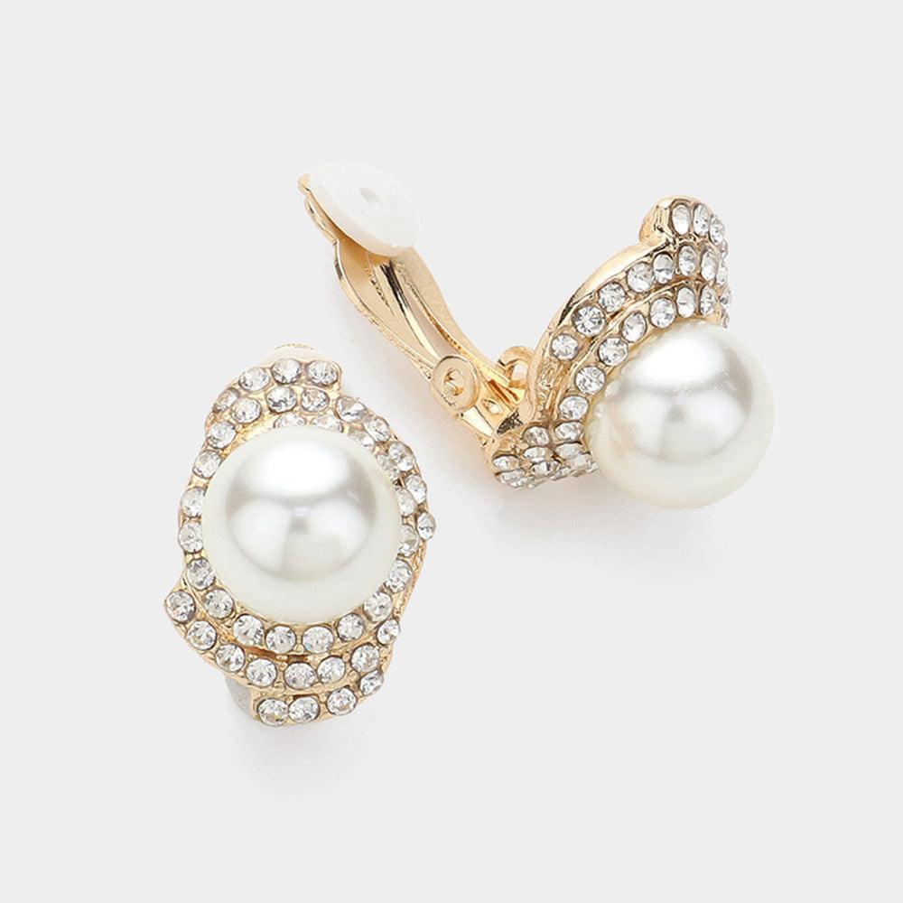 Cream Rhinestone Paved Pearl Centered Clip On Earrings - Jewelry Store by Erik Rayo