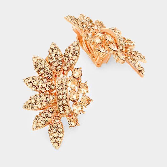Rose Gold Rhinestone Pave Petal Evening Clip on Earrings - Jewelry Store by Erik Rayo
