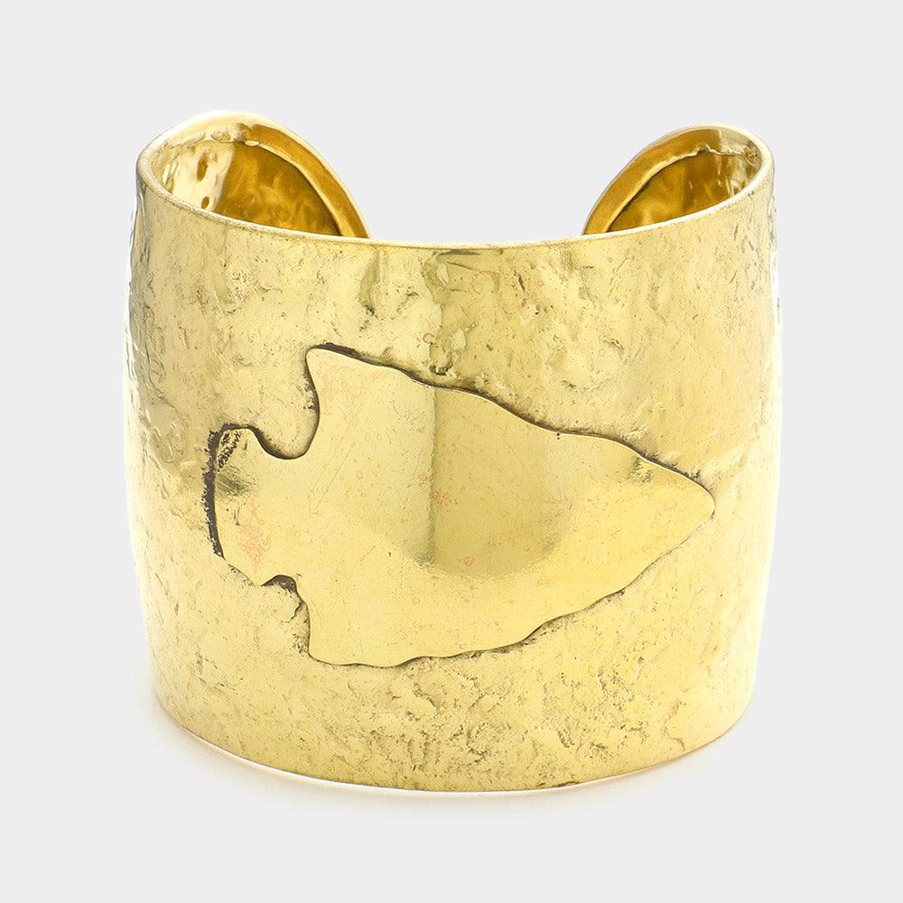 Gold Hammered Wide Metal Arrow Cuff Bracelet