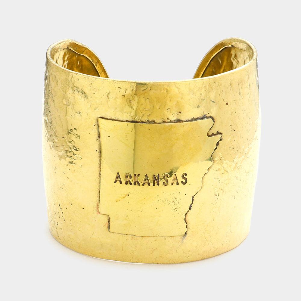 Gold Arkansas State map Hammered Wide Metal Cuff Bracelet