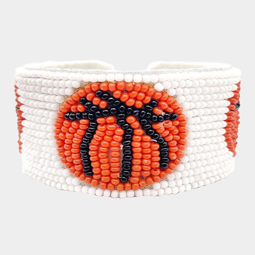 Orange Felt Back Basketball Seed Beaded Cuff Bracelet - Jewelry Store by Erik Rayo