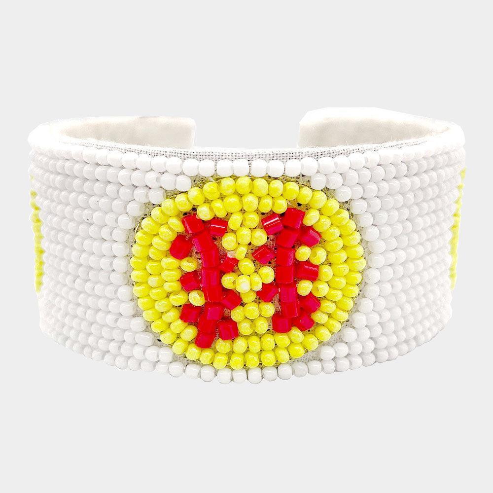 Yellow Felt Back Softball Seed Beaded Cuff Bracelet - Jewelry Store by Erik Rayo
