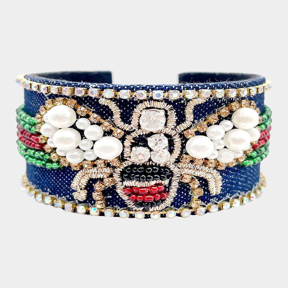 Felt Back Pearl Stone Embellished Honey Bee Accented Seed Beaded Cuff Bracelet - Jewelry Store by Erik Rayo