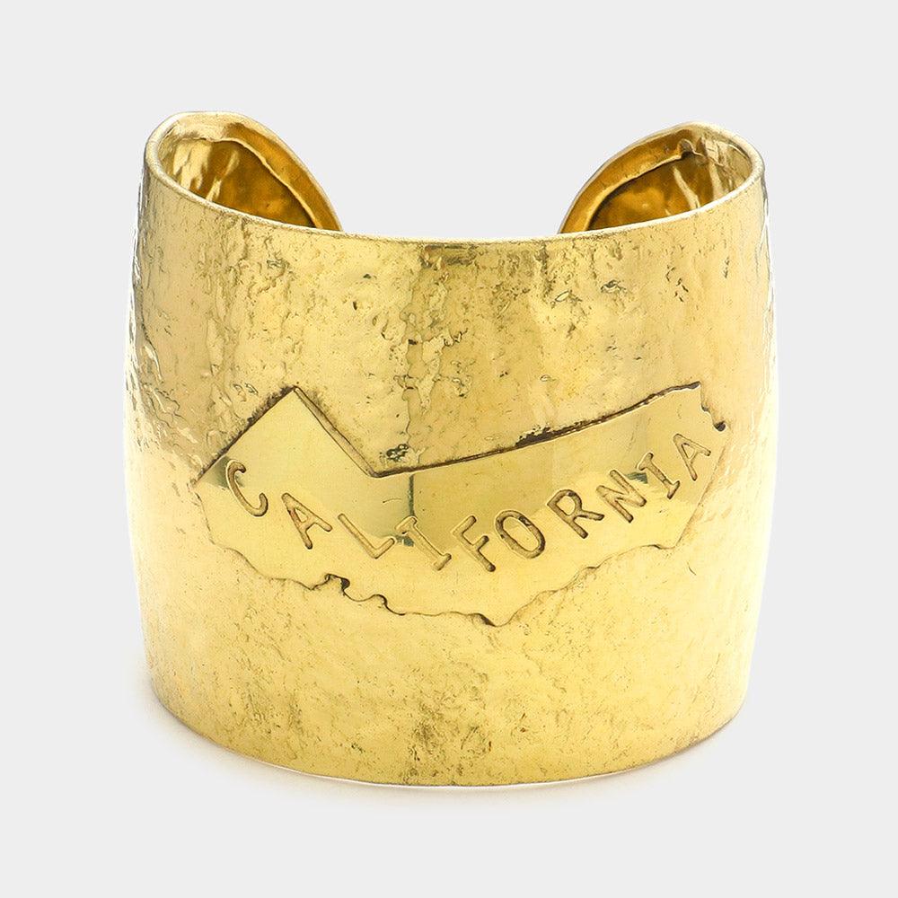 Gold California State map Hammered Wide Metal Cuff Bracelet