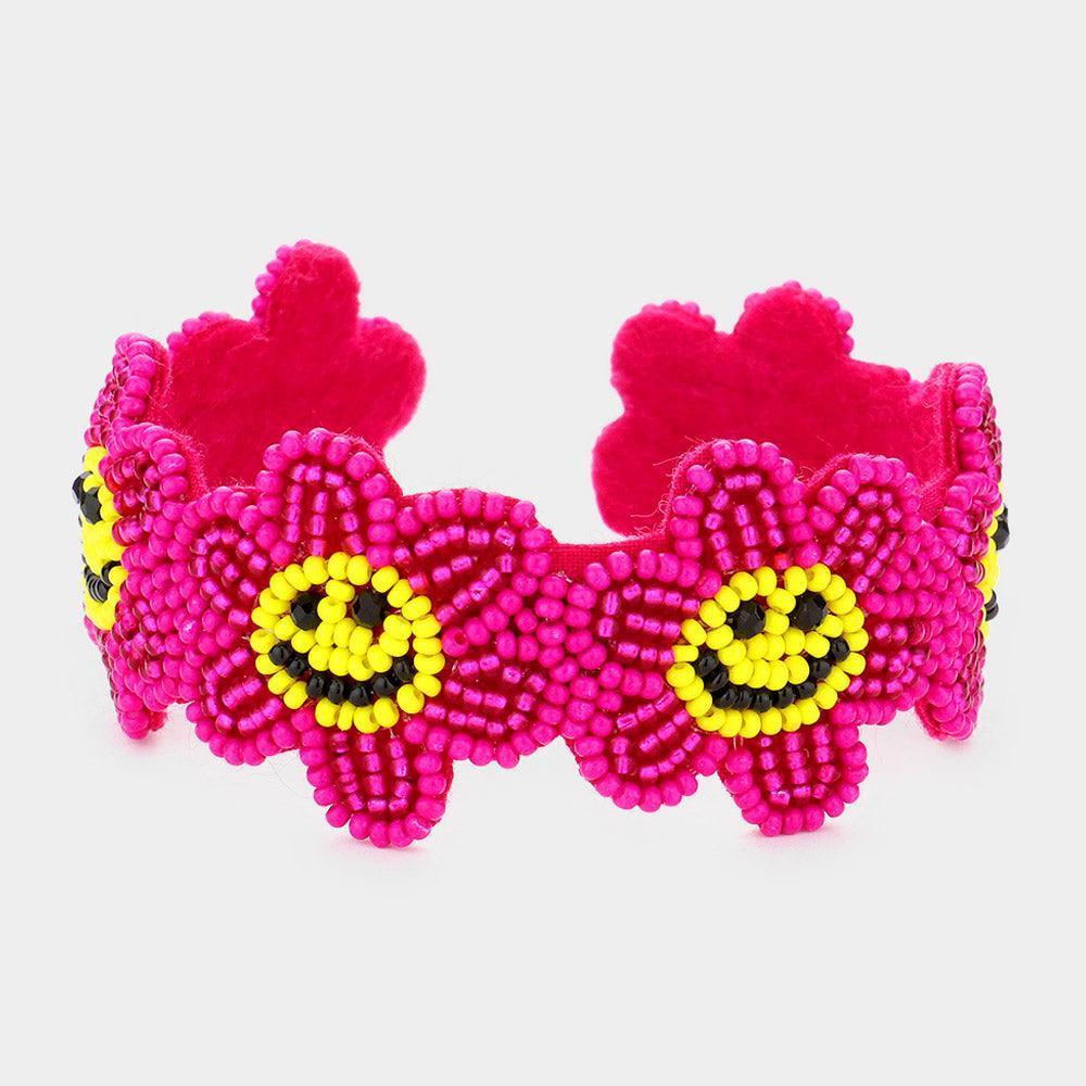 Fuchsia Seed Beaded Smile Flower Cuff Bracelet - Jewelry Store by Erik Rayo