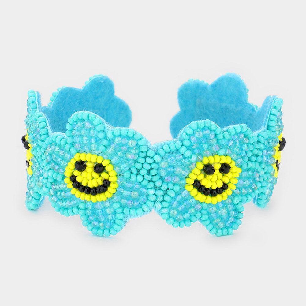 Turquoise Seed Beaded Smile Flower Cuff Bracelet - Jewelry Store by Erik Rayo