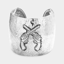 Load image into Gallery viewer, Silver Hammered metal crossed gun cuff bracelet
