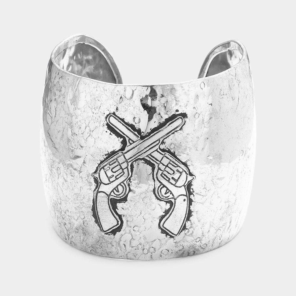 Silver Hammered metal crossed gun cuff bracelet