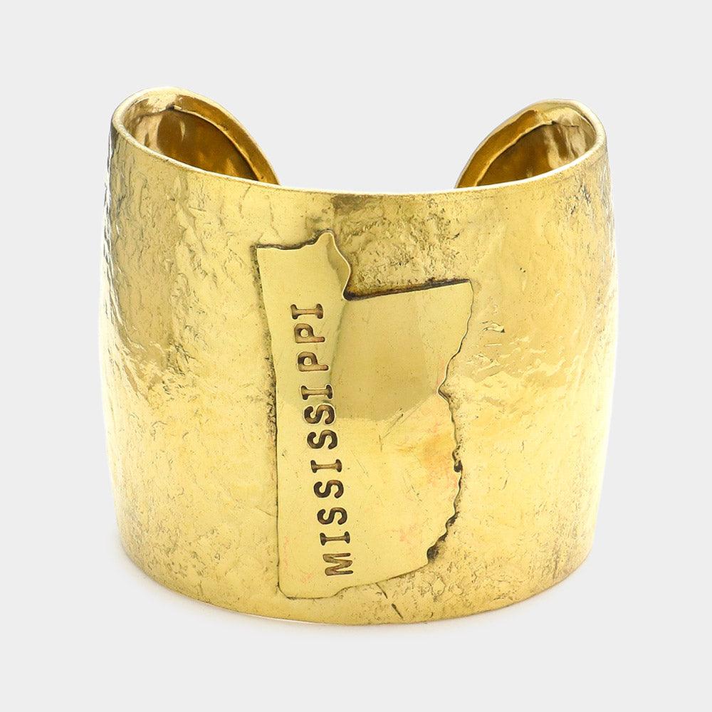 Gold Mississippi State Map Hammered Wide Metal Cuff Bracelet