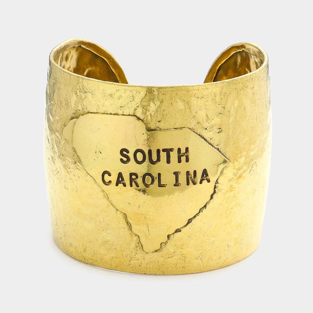 Gold South Carolina State Map Hammered Wide Metal Cuff Bracelet